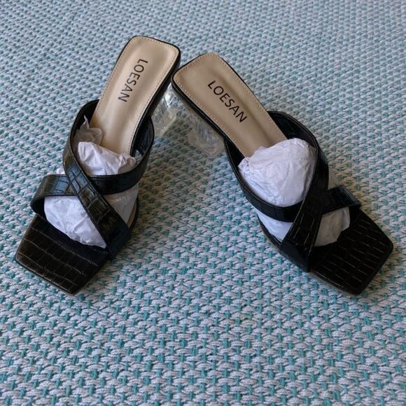 Square Heels Sandals Block Lucite Clear Chunky Heel Mules Peep Toe, Size EUR 37 - Picture 2 of 11